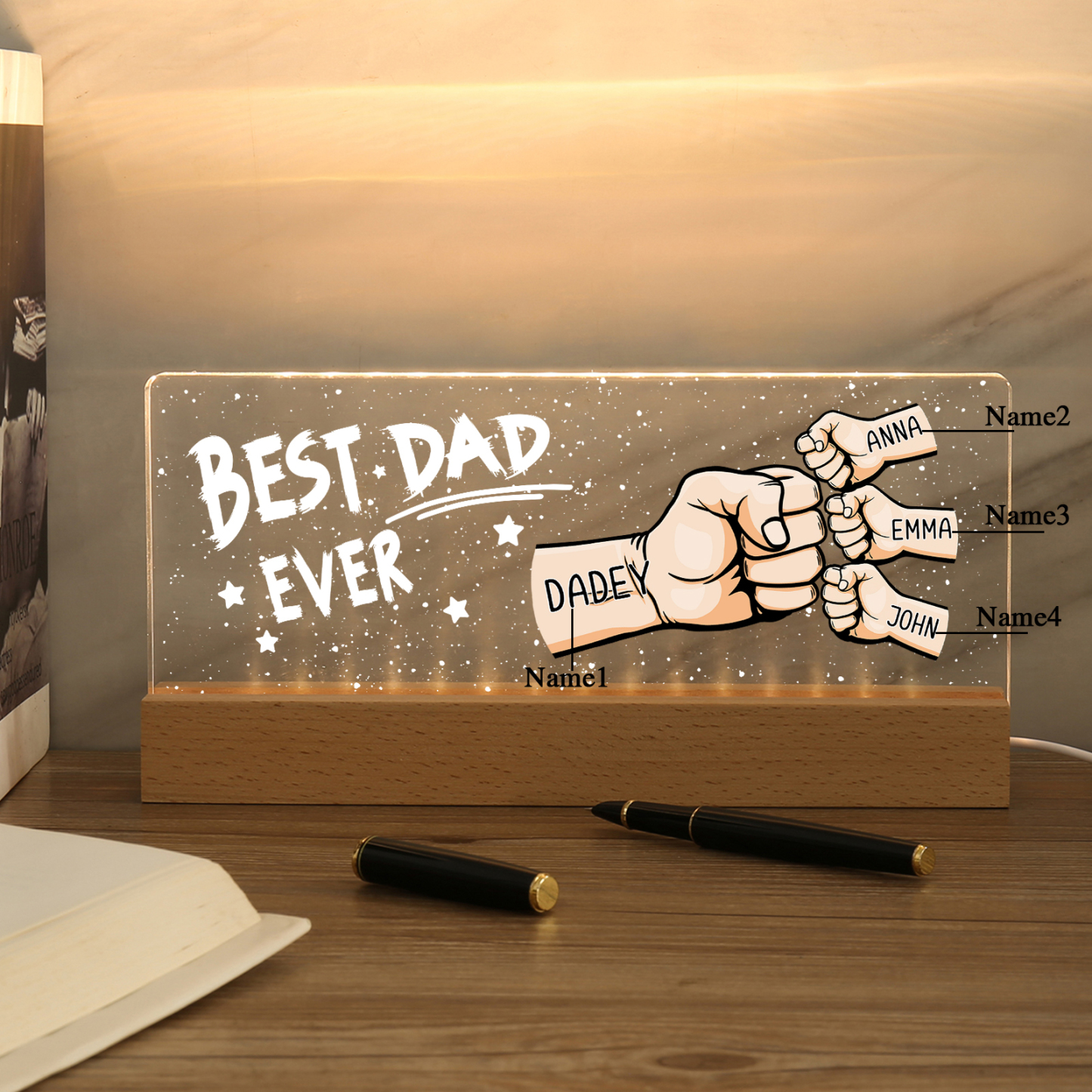 Best Dad Ever - Personalised 4 Names Acrylic Night Light Custom Fist Bump LED Lamp Fathers Day Gifts-Jessemade AU