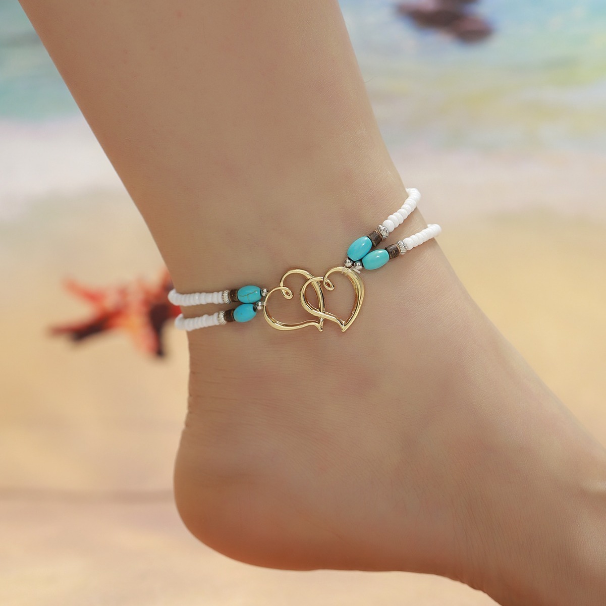 Personalized Double Heart Beaded Bracelet with Turquoise Accents Anklets-Jessemade AU