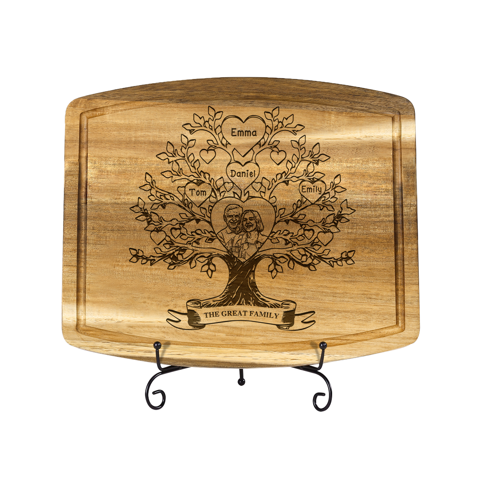 Family Tree Cutting Board with Stand Personalised 1 Photo & 1 Text Engraved 2-7 Names Wooden Gifts for Family Friends | Jessemade-Jessemade AU