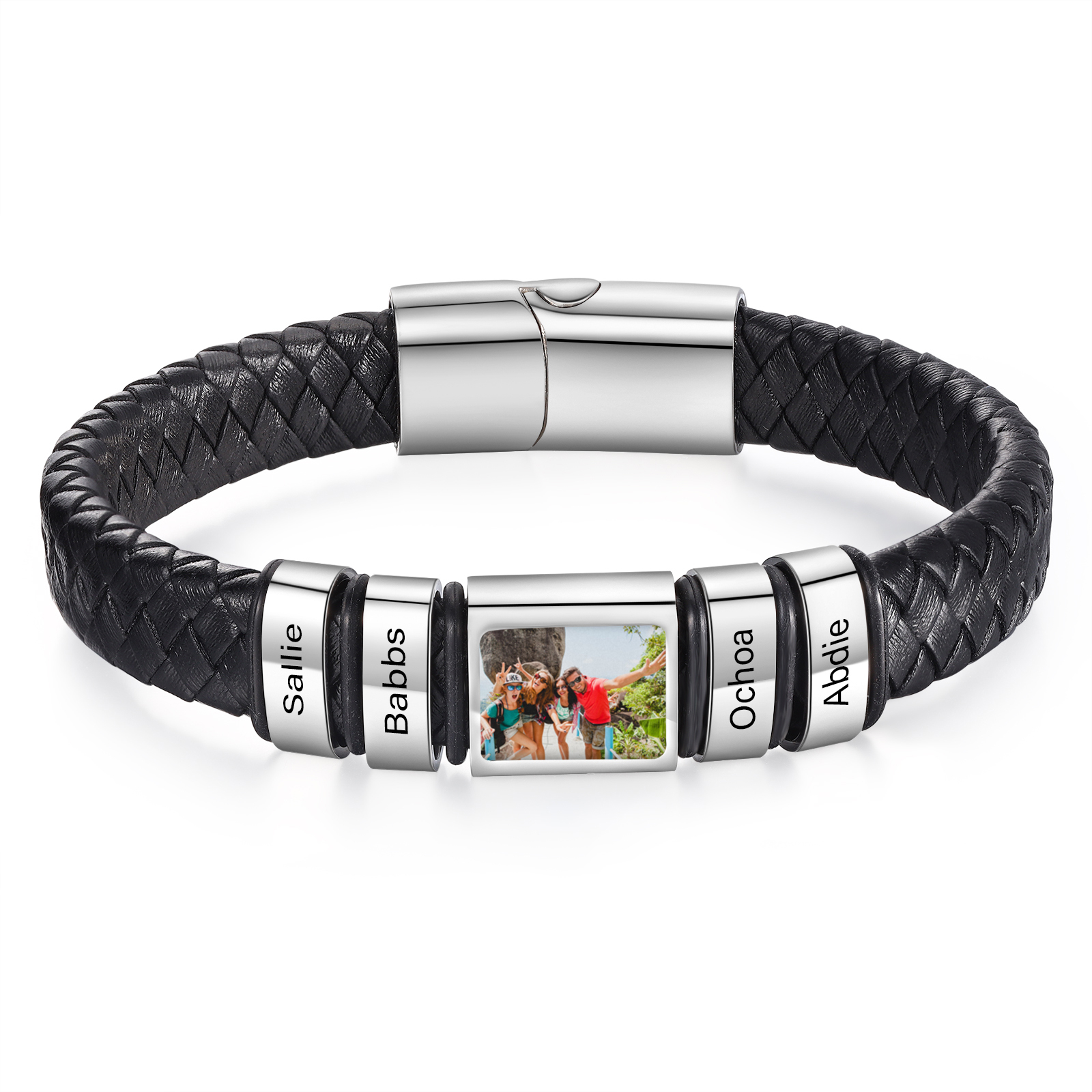 Personalised Men's Leather Bracelet Custom 1 Photo & 1–6 Names Black Silver Gift for Him-Jessemade AU