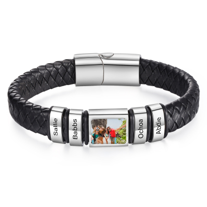 Personalised Men's Leather Bracelet Custom 1 Photo & 1–6 Names Black Silver Gift for Him-Jessemade AU