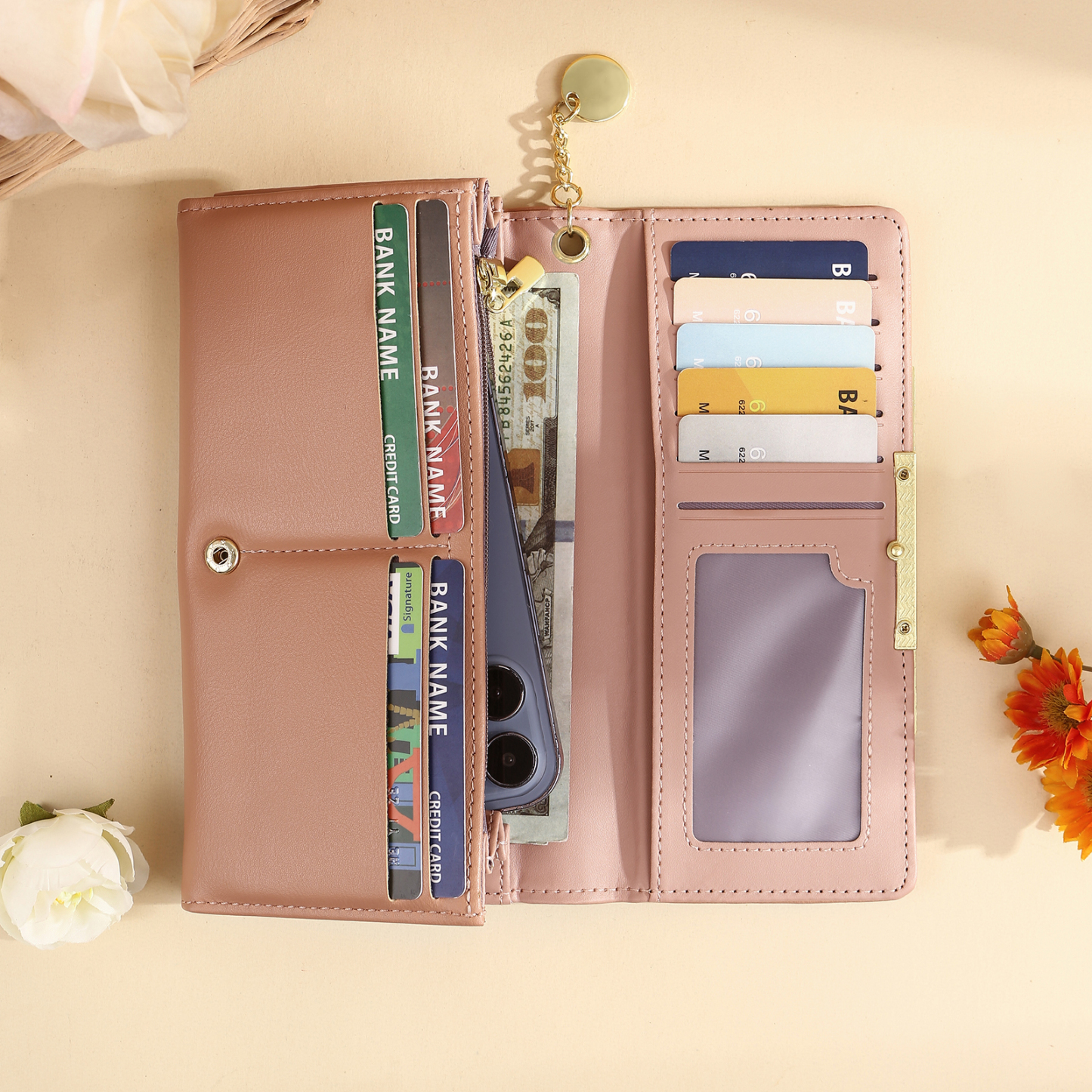 Personalised PU Leather Wallet Birthflower Name Womens Purse Gift for Her