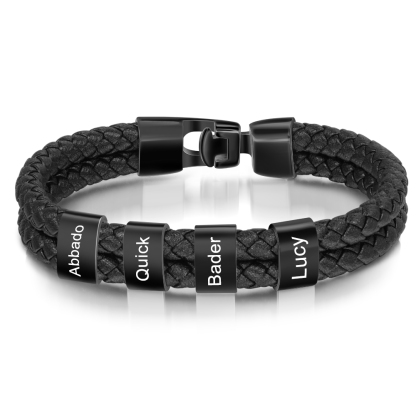 4 Names Personalised Braided Leather Bracelet Engraved Men's Bracelet for Him
