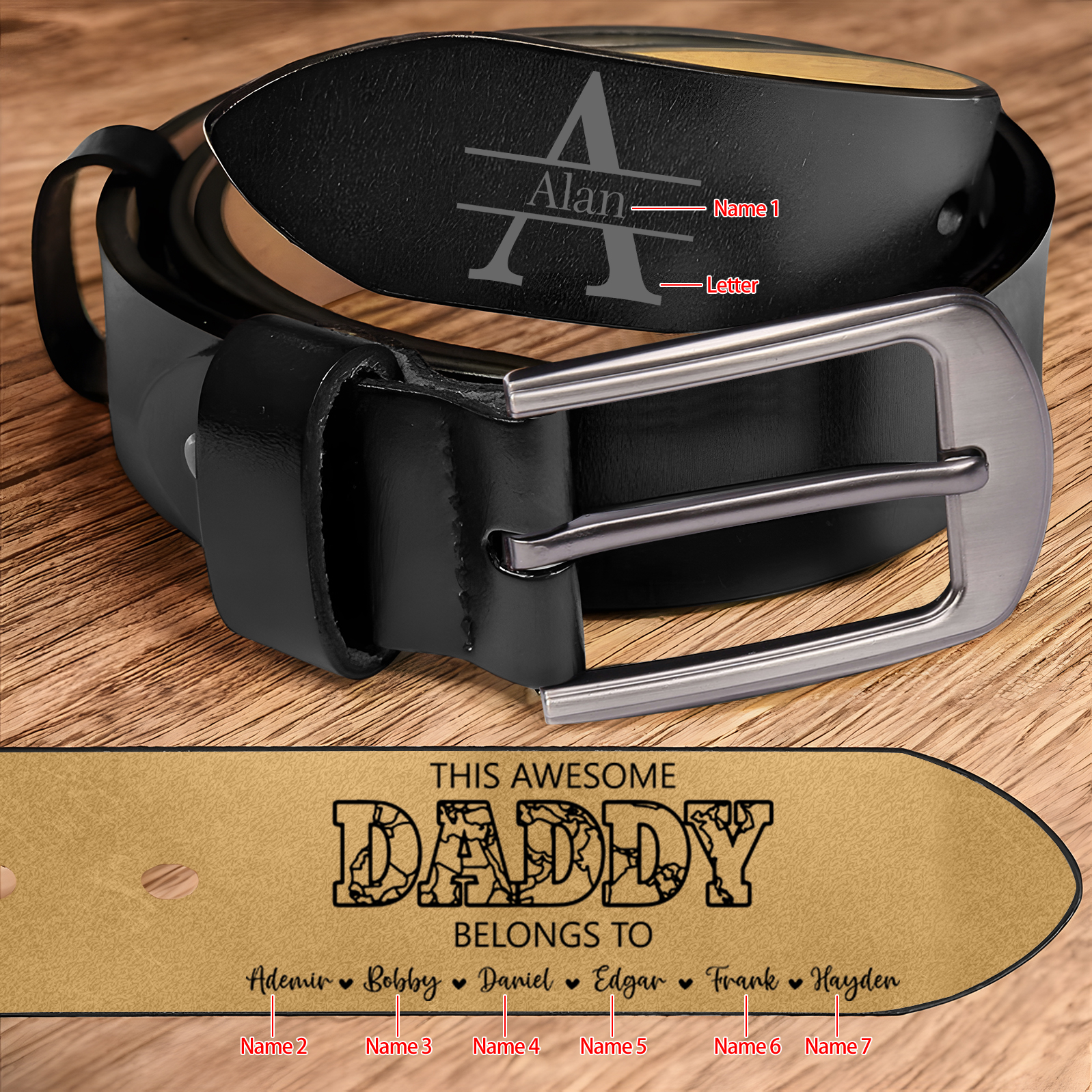 Personalised Leather Belt with 2-7 Names and 1 Letter "This awesome daddy belongs to "| Father’s Day Gift | Jessemade