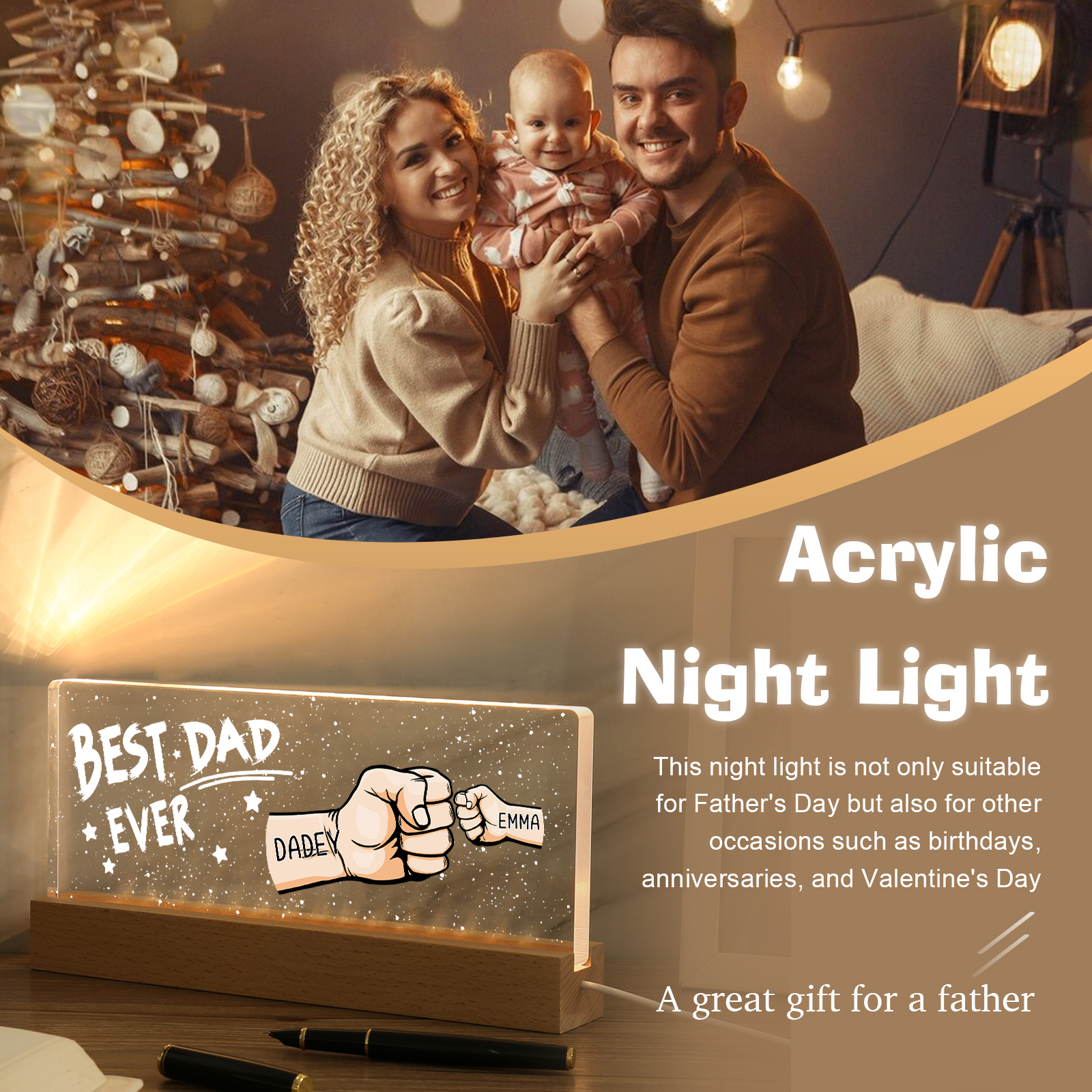 Best Dad Ever - Personalised 2 Names Acrylic Night Light Custom Fist Bump LED Lamp Fathers Day Gifts-Jessemade AU