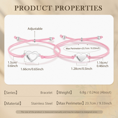 2 Pcs Heart Bracelet Set Custom 2 Names Adjustable Bracelets Back to School Gift for Daughter Granddaughter-Jessemade AU