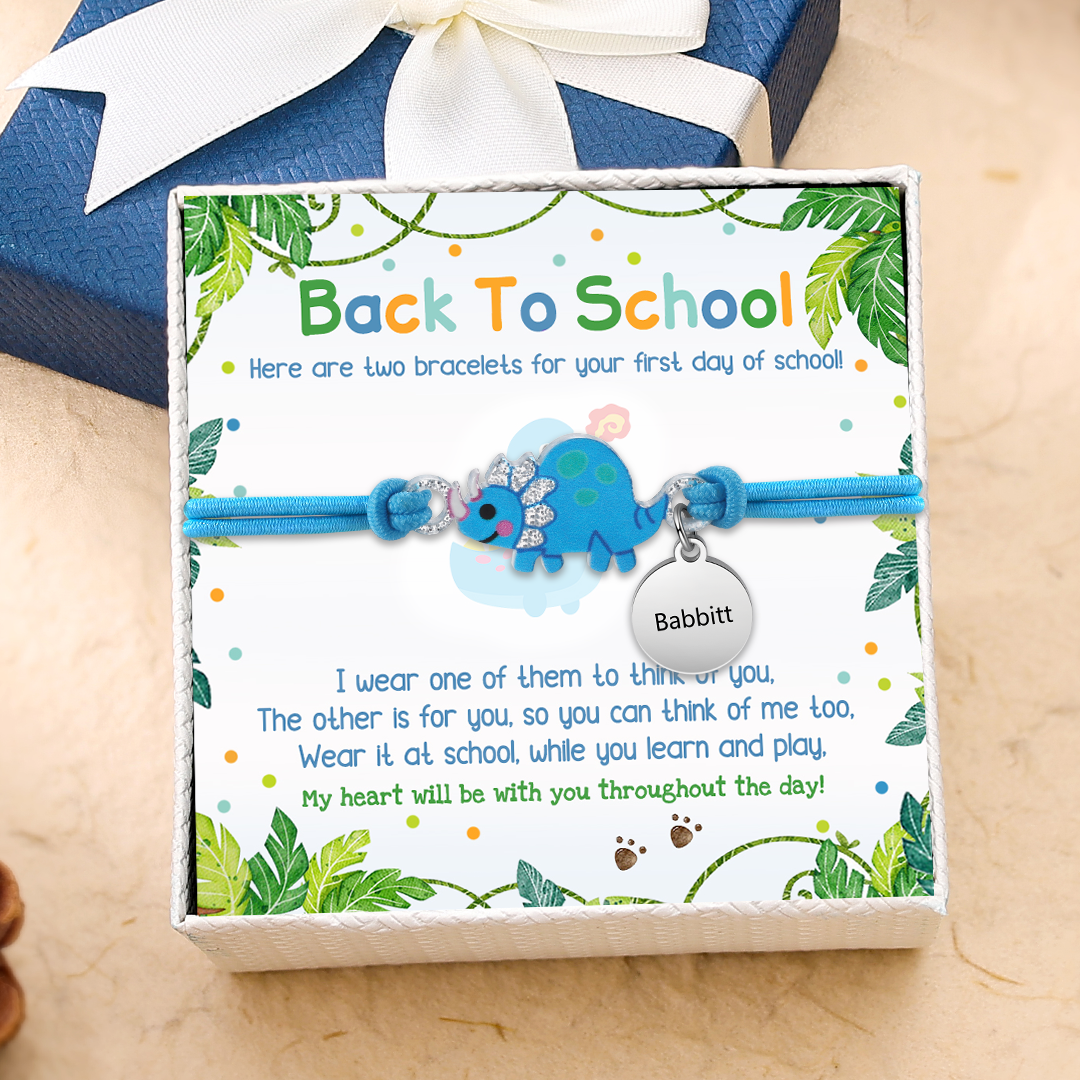 2 Pcs Bracelet Set Custom Names Blue Dinosaur Charm Hair Ties Back To School Gift - My Heart Will Be With You Throughout The Day