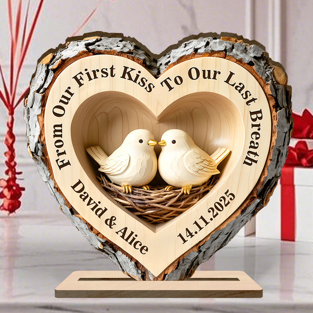 Personalised Wooden Plaque with Birds, Heart of the Forest, with a Stable Base for Couples