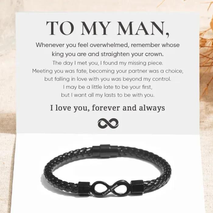 To My Man Custom Names Love You Forever and Always Infinity Leather Bracelet
