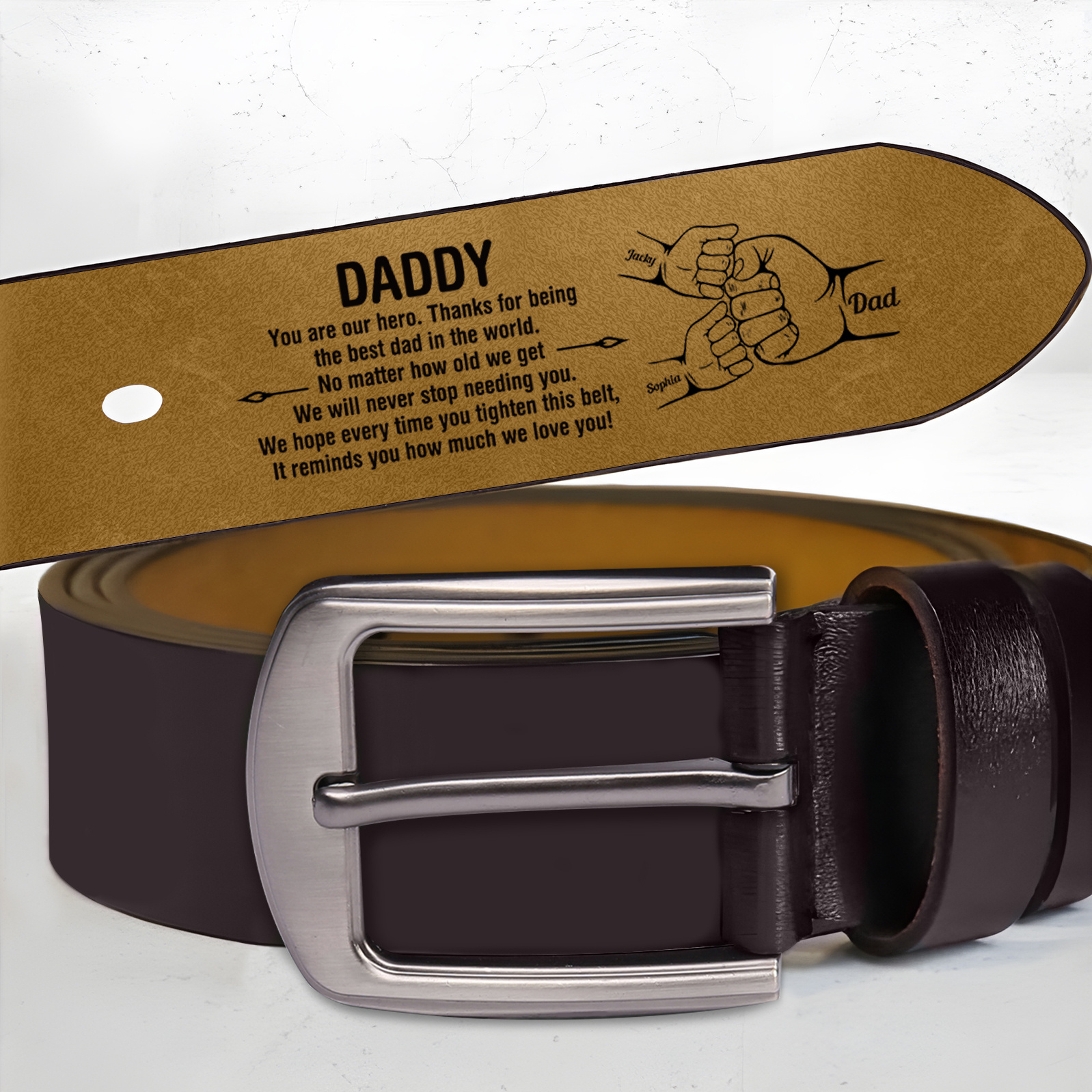 Personalised Leather Belt with 2-7 Names and Fist Bump Engraving Thoughtful Father’s Day Gift for Dad | Jessemade