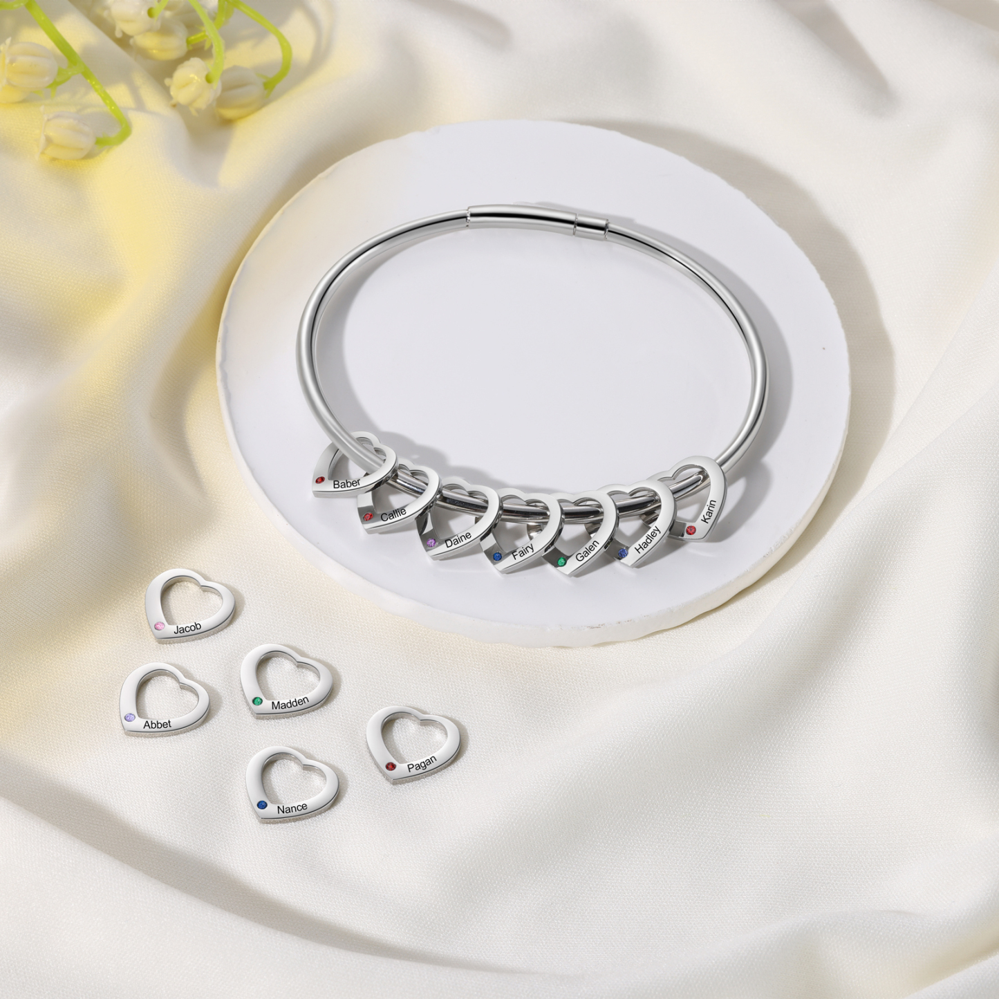 Personalised Birthstone Necklace Bracelet Set Cascading Pendant Heart Bangle Custom with 8 Birthstones 8 Names Christmas Gift-Jessemade AU