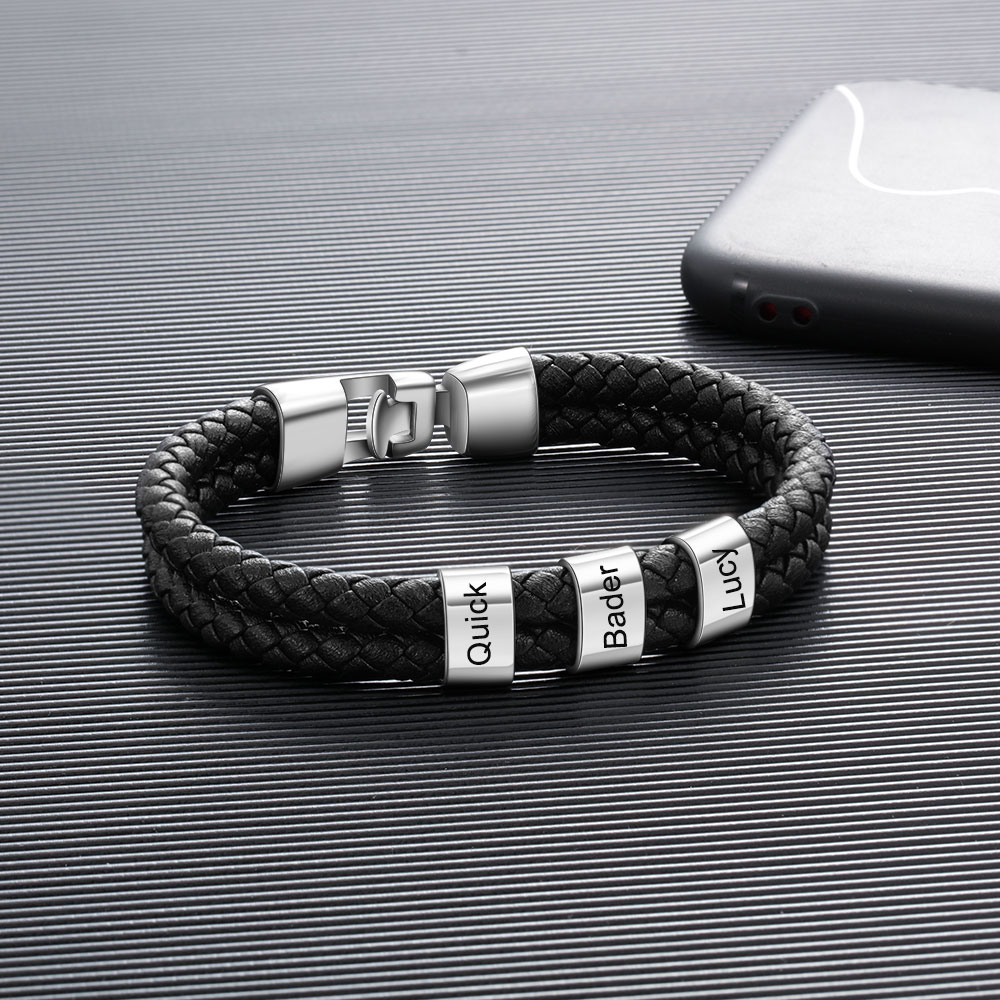 3 Names -Personalised Braided Leather Bracelet Engraved Men's Bracelet for Him