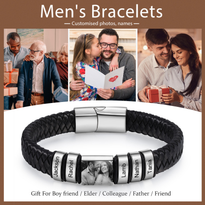5 Names-Vintage Men's Bracelet Engraved Beads Leather Bracelet Gift for Father's Day