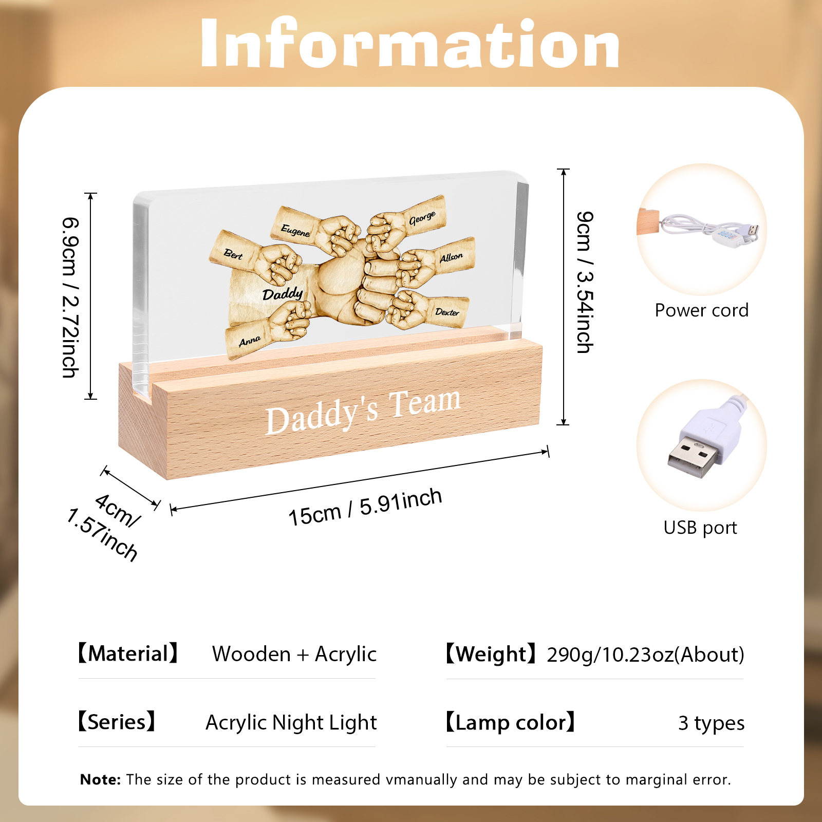 7 Names -  Personalised Name & Text Acrylic Night Light Custom Fist Bump LED Lamp Fathers Day Gifts-Jessemade AU