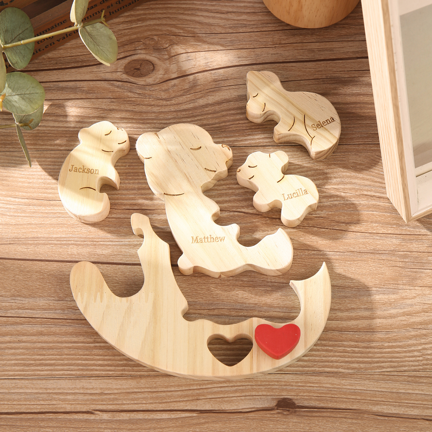 Personalised Wooden Bear Family Puzzles Custom 4 Names Animal Heart Ornaments Fathers Day Gifts-Jessemade AU