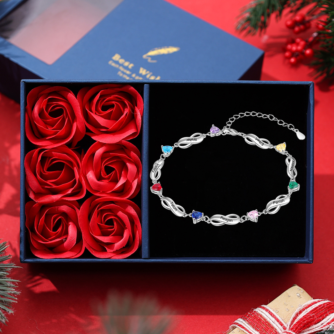 Personalised Bracelet With 6 Birthstones Engraved Names Bracelet Gift For Women