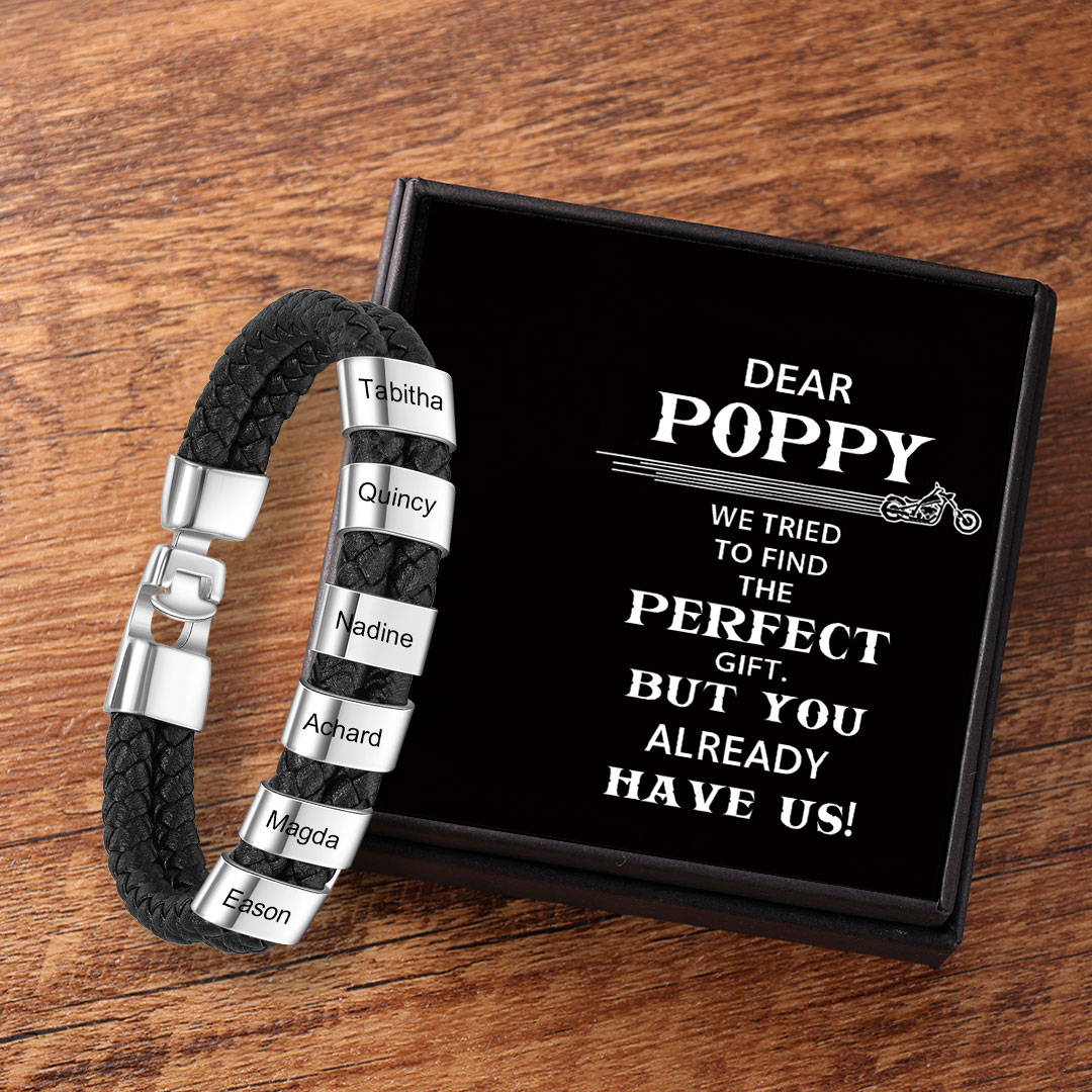 Personalised Braided Leather Bracelet Engraved 6 Names Men's Bracelet Gifts for Poppy