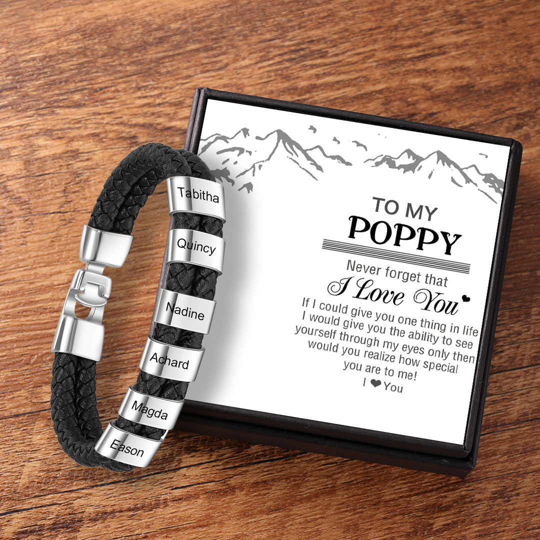 Personalised Braided Leather Bracelet Engraved 6 Names Men's Bracelet Gifts for Poppy