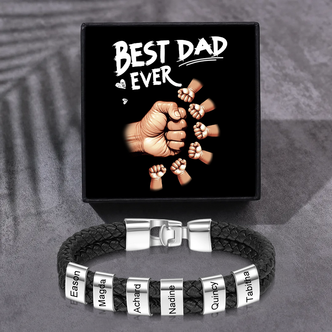 Personalised Braided Leather Mens Bracelet With Custom Engraved 1-6 Kids Names - Father's Day Gift for Dad | Jessemade