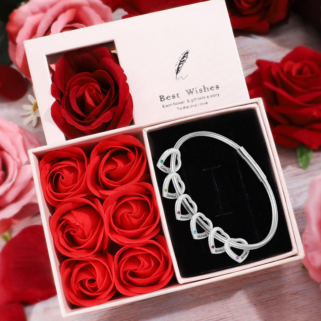 Personalised Heart Bracelet With 6 Birthstones Engraved Names Bracelet Gift For Women-Jessemade AU