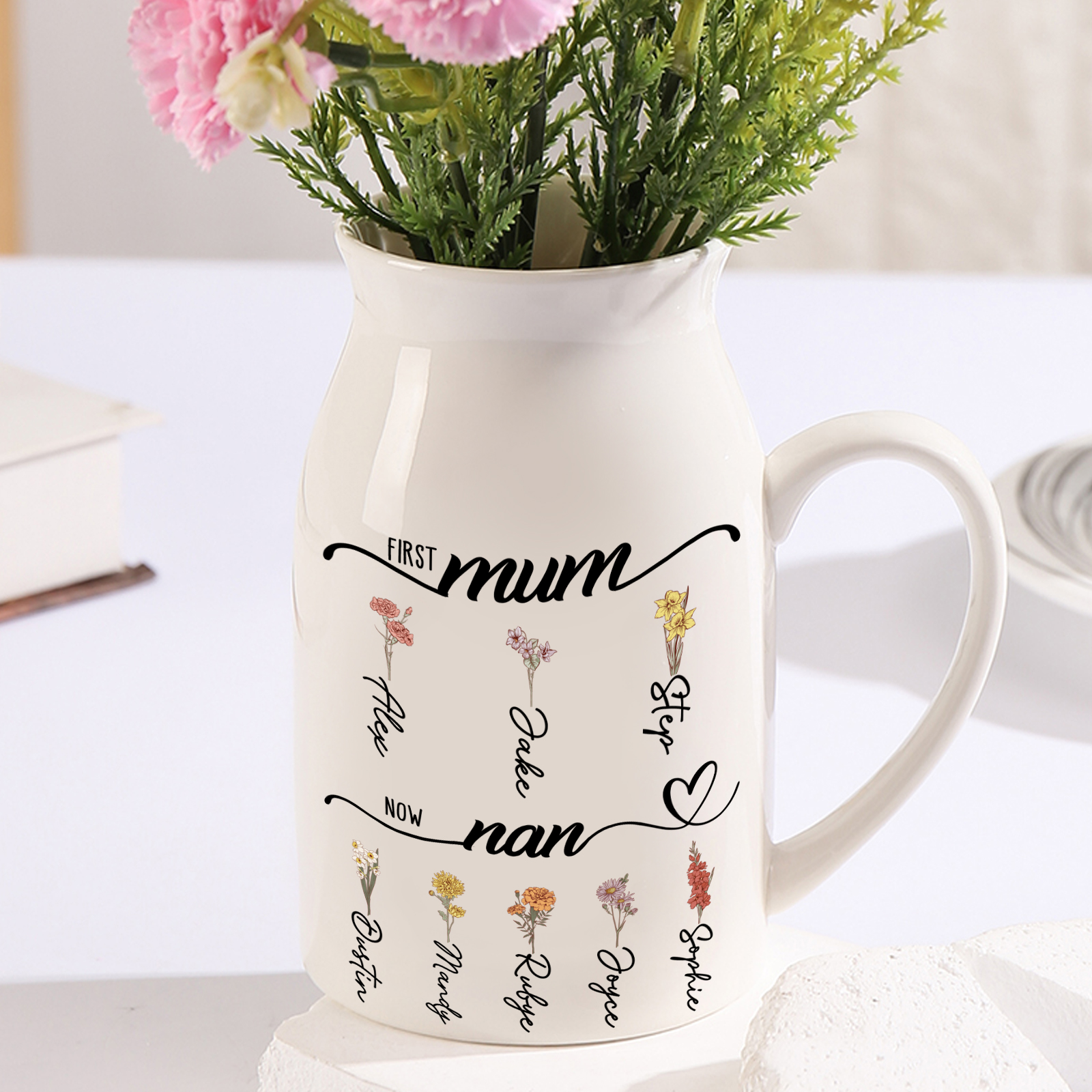 Birth Flower Vase Personalised Ceramic Vase Custom 2-12 Names Gift for Mum, Nan or Grandma | Jessemade