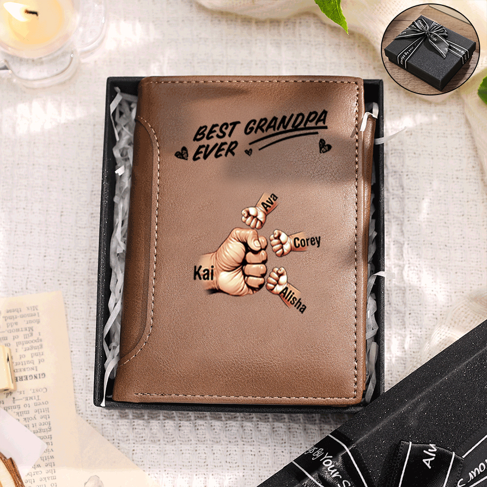 Personalised PU Leather Wallet for Dad, 2 to 9 Names and Fists, Father’s Day, Christmas, Birthday Gift for Dad and Grandpa | Jessemade