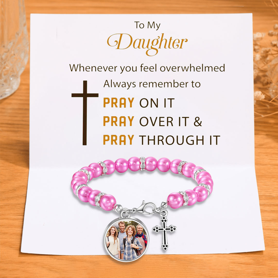 To My Daughter Personalised Rosary Memorial Bracelet Custom with Photo and Cross Pendant