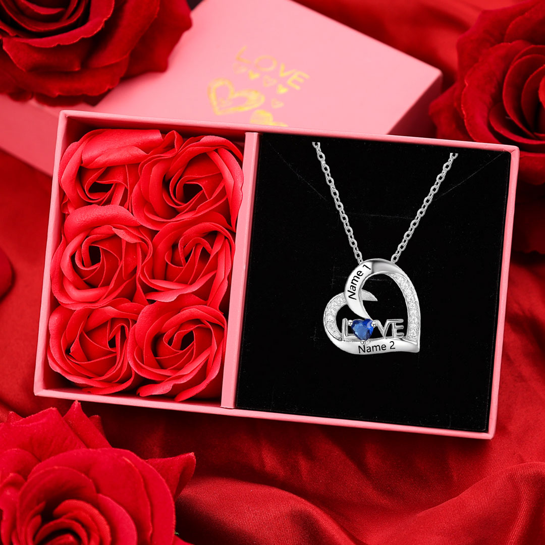 S925 LOVE Heart Necklace For Valentine Personalised Necklace with Heart Birthstone Engraved Names