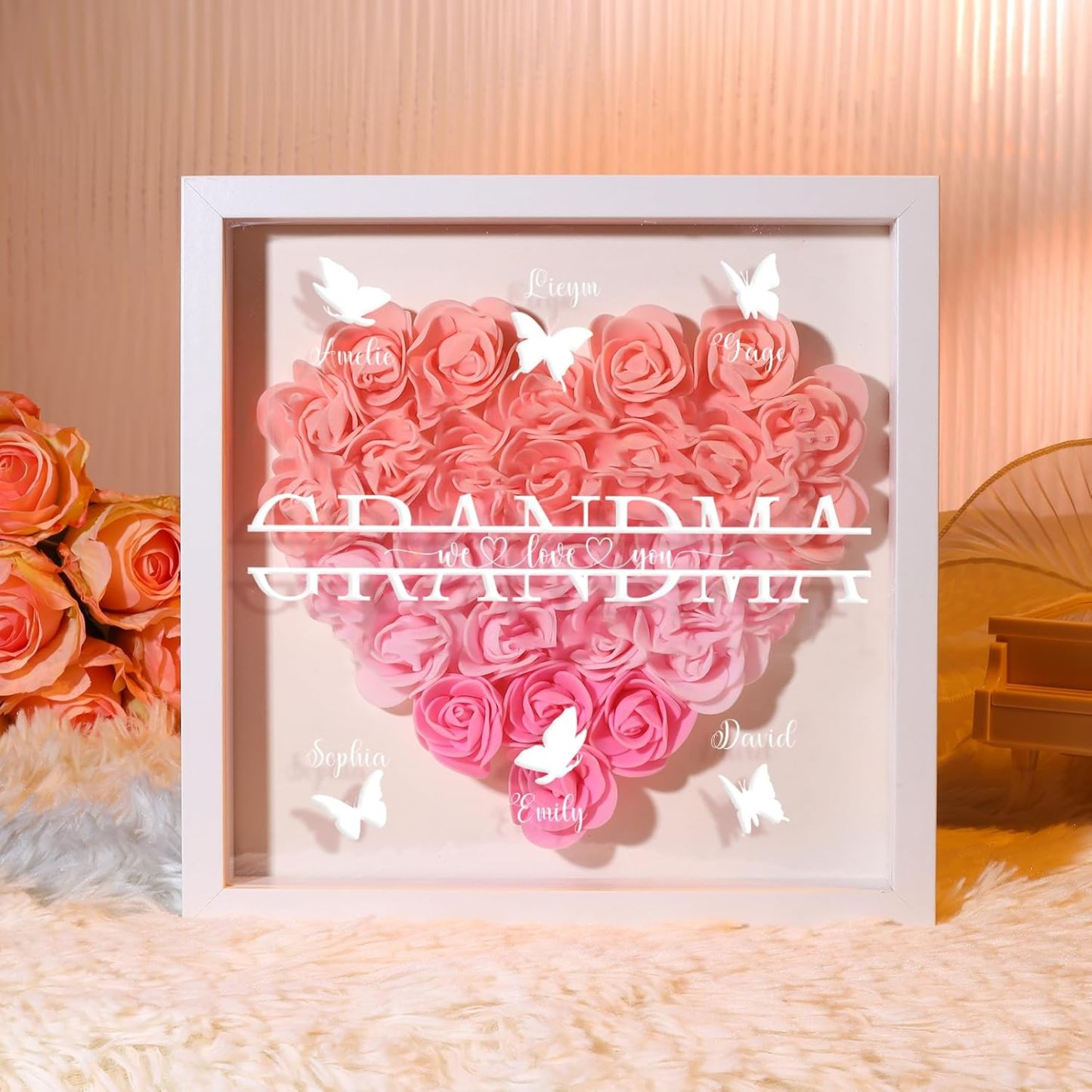Personalised Flower Shadow Box Custom 2-7 Names & 1 Text Heart Rose Frame Decor Gift for Grandma | Jessemade-Jessemade AU