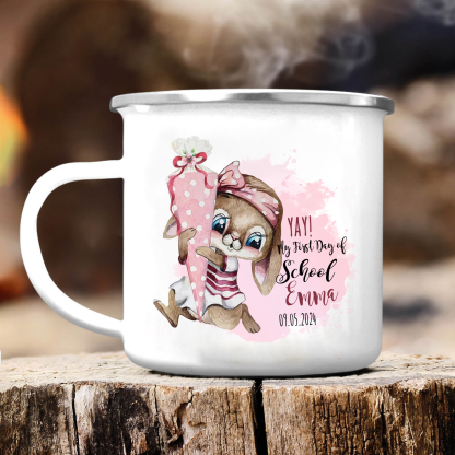Personalised Enamel Mug Custom Name & Date Bunny Cup Back to School Gift for Daughter  - Yay, My First Day Of School-Jessemade AU