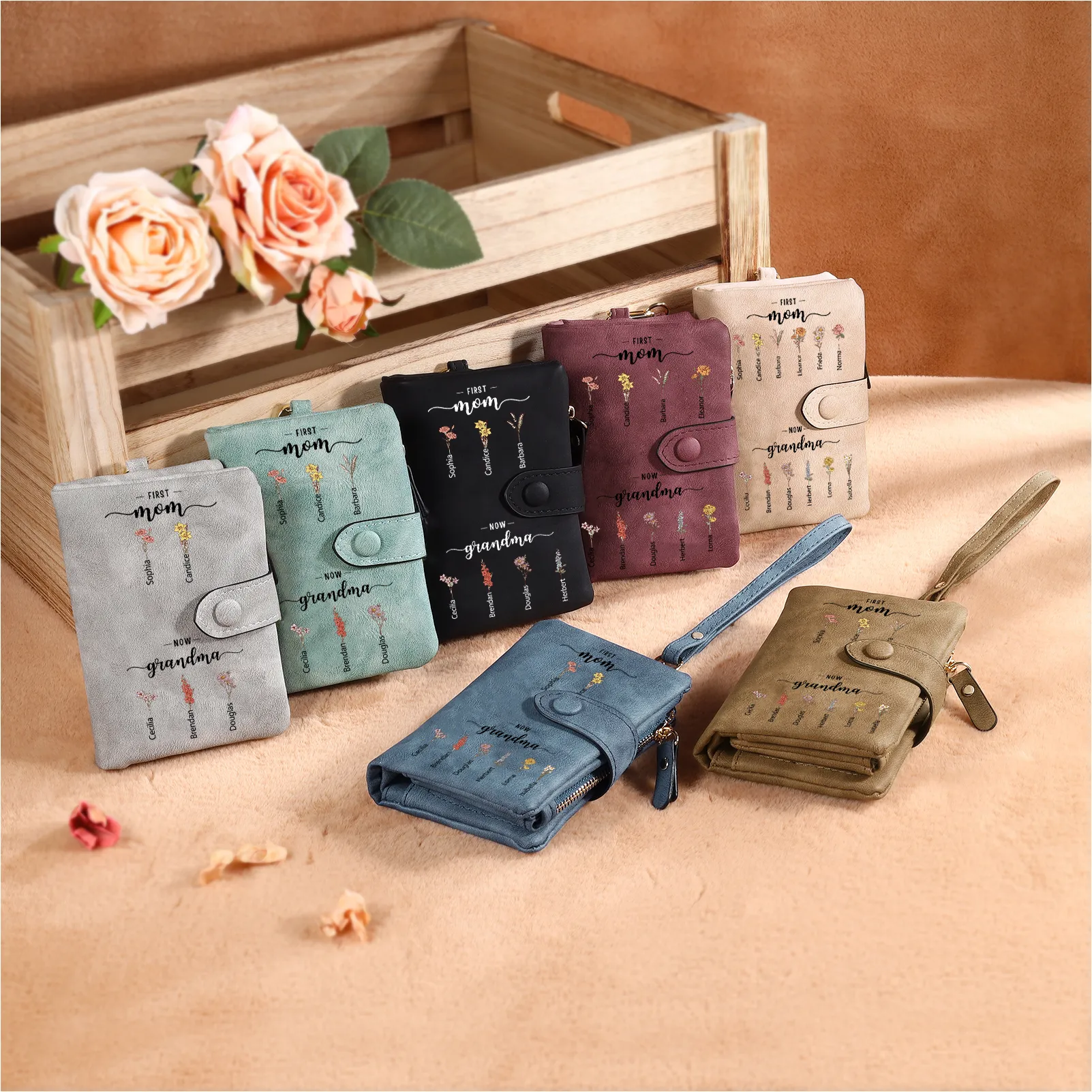 Personalised Women Wallet Custom With 2-12 Names and Birth Flower Wallet Gift for Mum/Nan | Jessemade