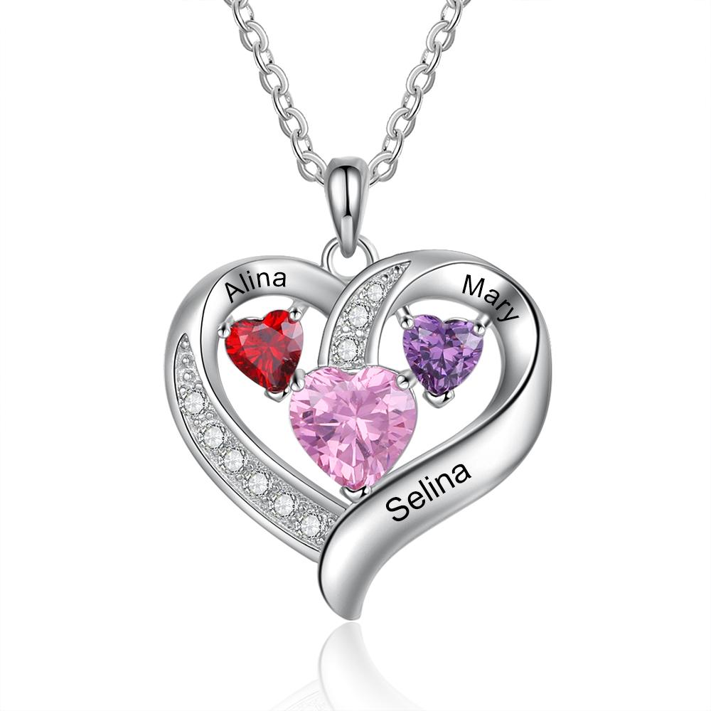 Heart Necklace Custom 3 Names 3 Birthstones Love Gifts for Her