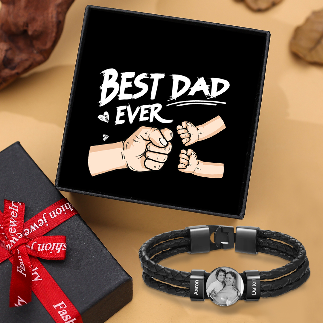 Personalised Men's Leather Bracelet Custom 2 Names & 1 Photo Braided Bracelet Father's Day Gifts for Him-Jessemade AU