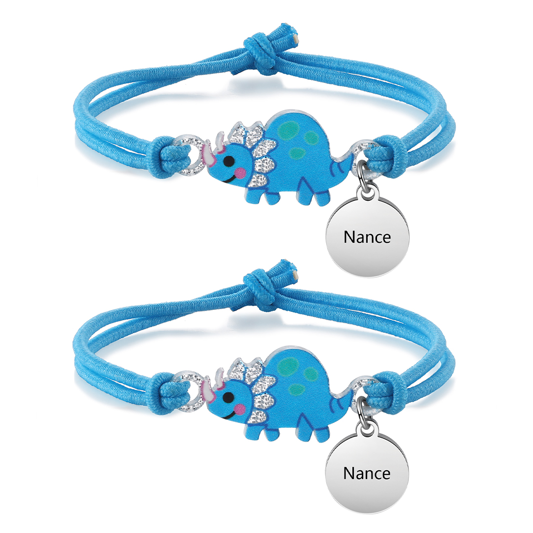 2 Pcs Bracelet Set Custom Names Blue Dinosaur Charm Hair Ties Back To School Gift - My Heart Will Be With You Throughout The Day