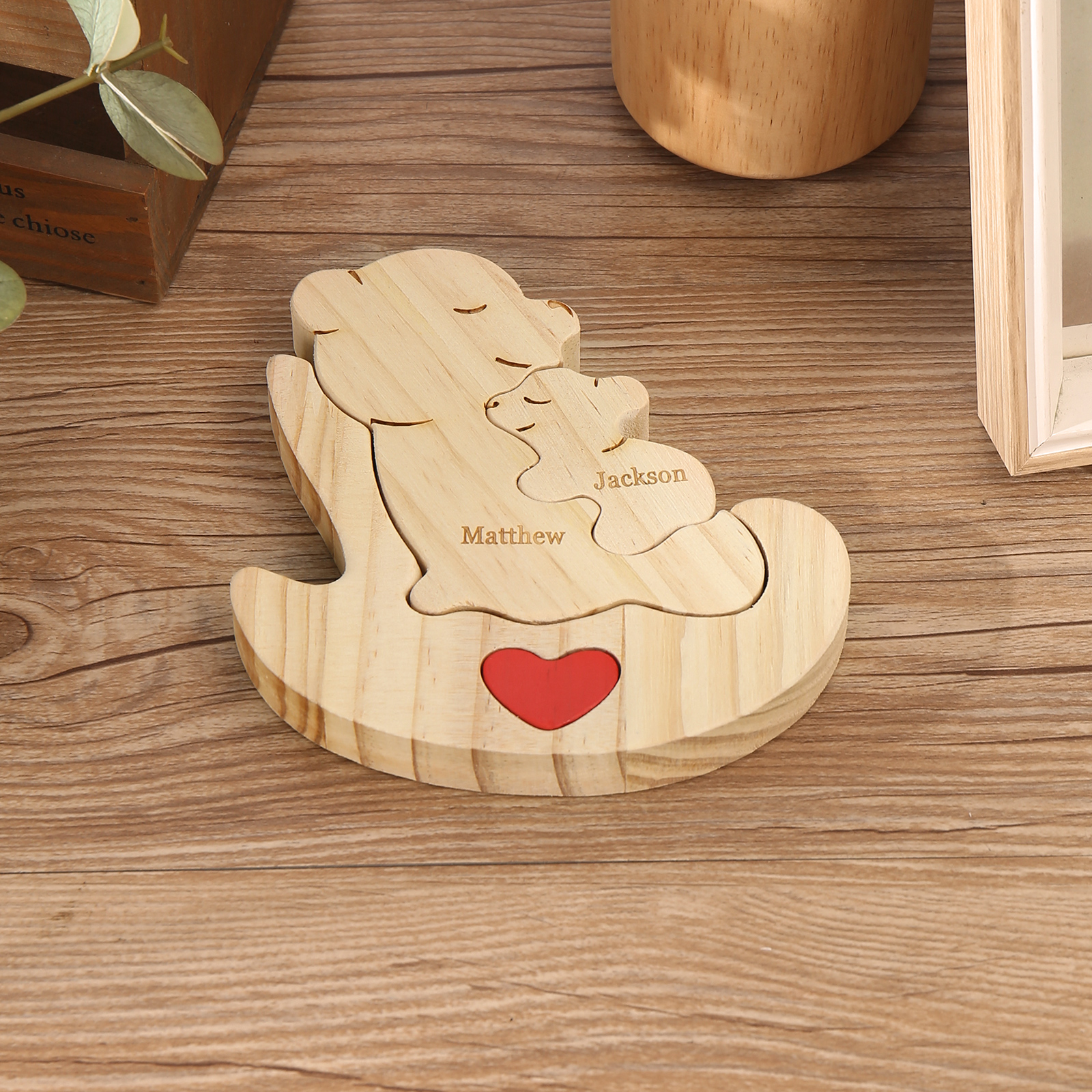 Personalised Wooden Bear Family Puzzles Custom 2 Names Animal Heart Ornaments Fathers Day Gifts-Jessemade AU