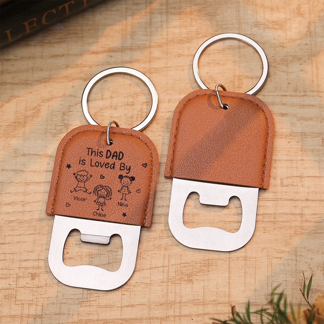 Personalised Leather Keyring with Bottle Opener and Engraving of 1 to 6 Children’s Names