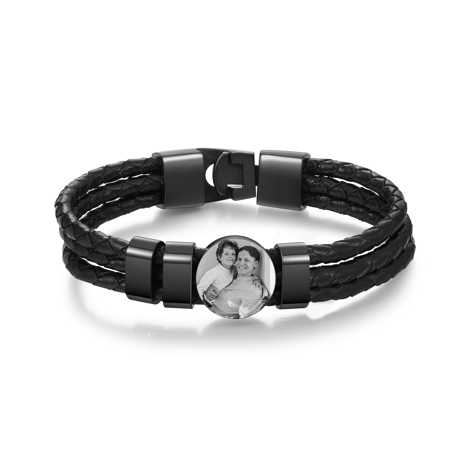 Personalised Men's Leather Bracelet Custom 3 Names & 1 Photo Braided Bracelet Father's Day Gifts for Him-Jessemade AU