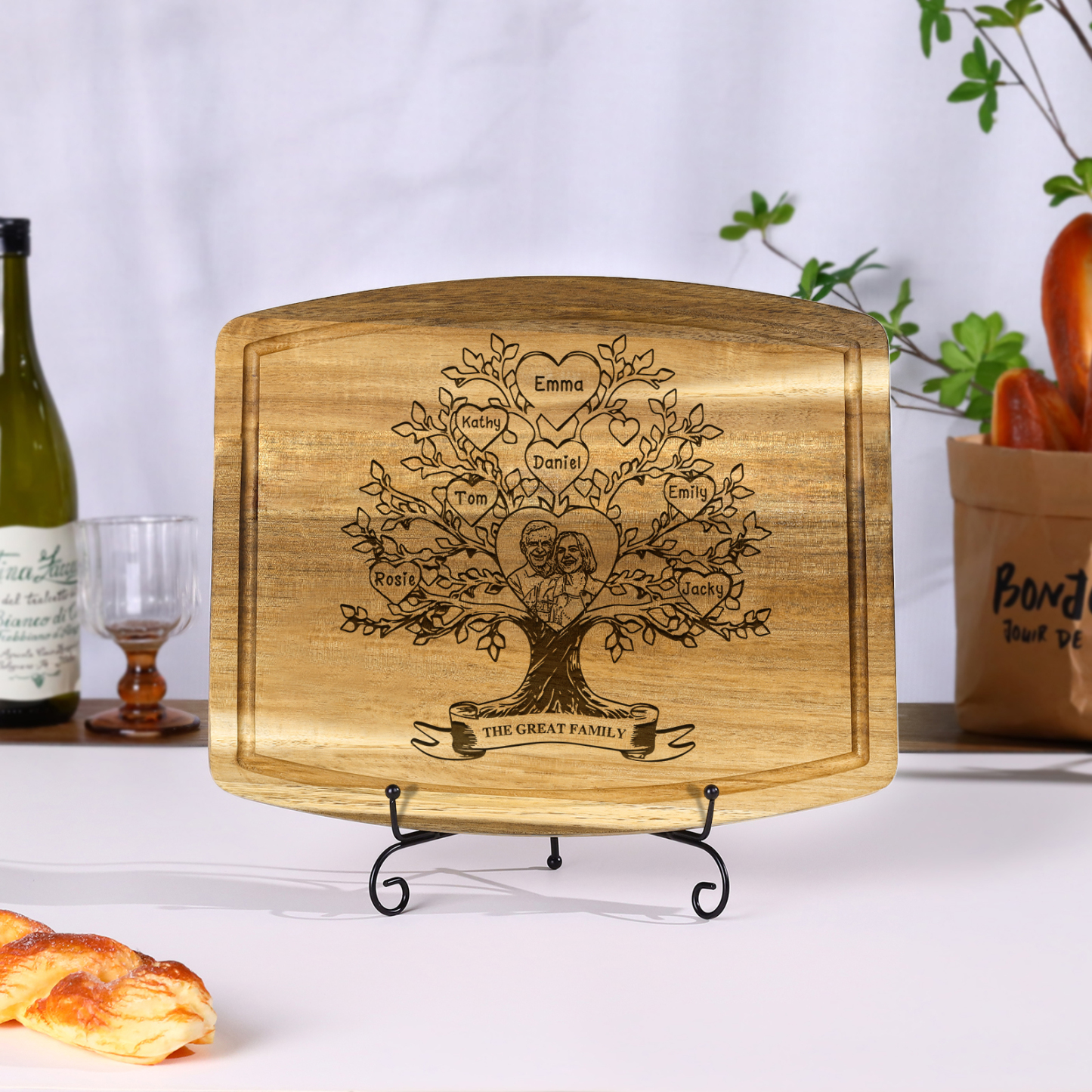 Family Tree Cutting Board with Stand Personalised 1 Photo & 1 Text Engraved 2-7 Names Wooden Gifts for Family Friends | Jessemade-Jessemade AU