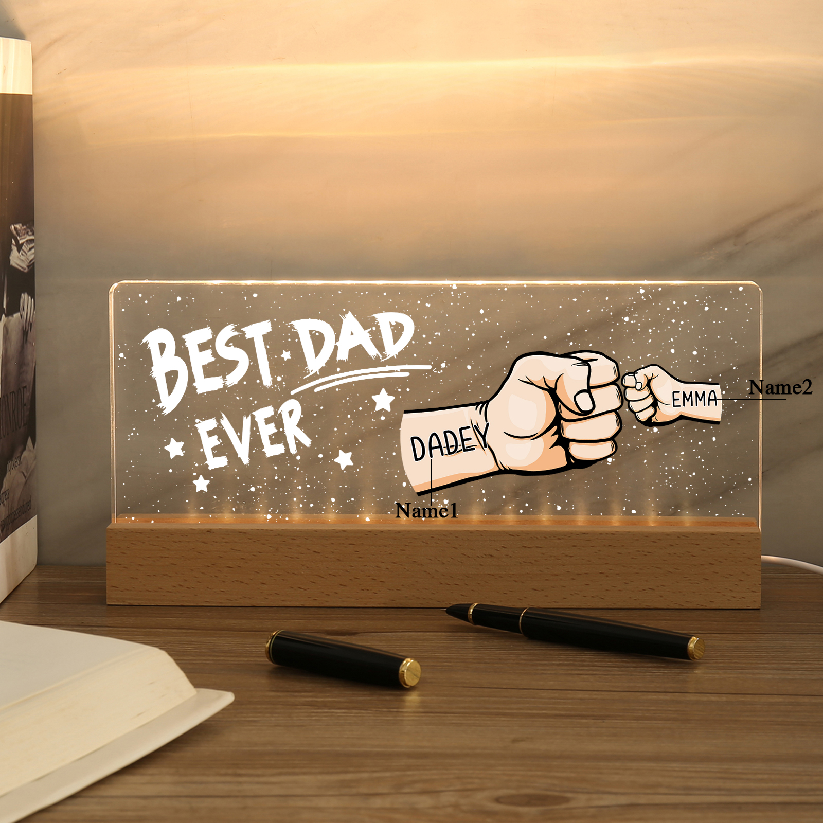 Best Dad Ever - Personalised 2 Names Acrylic Night Light Custom Fist Bump LED Lamp Fathers Day Gifts