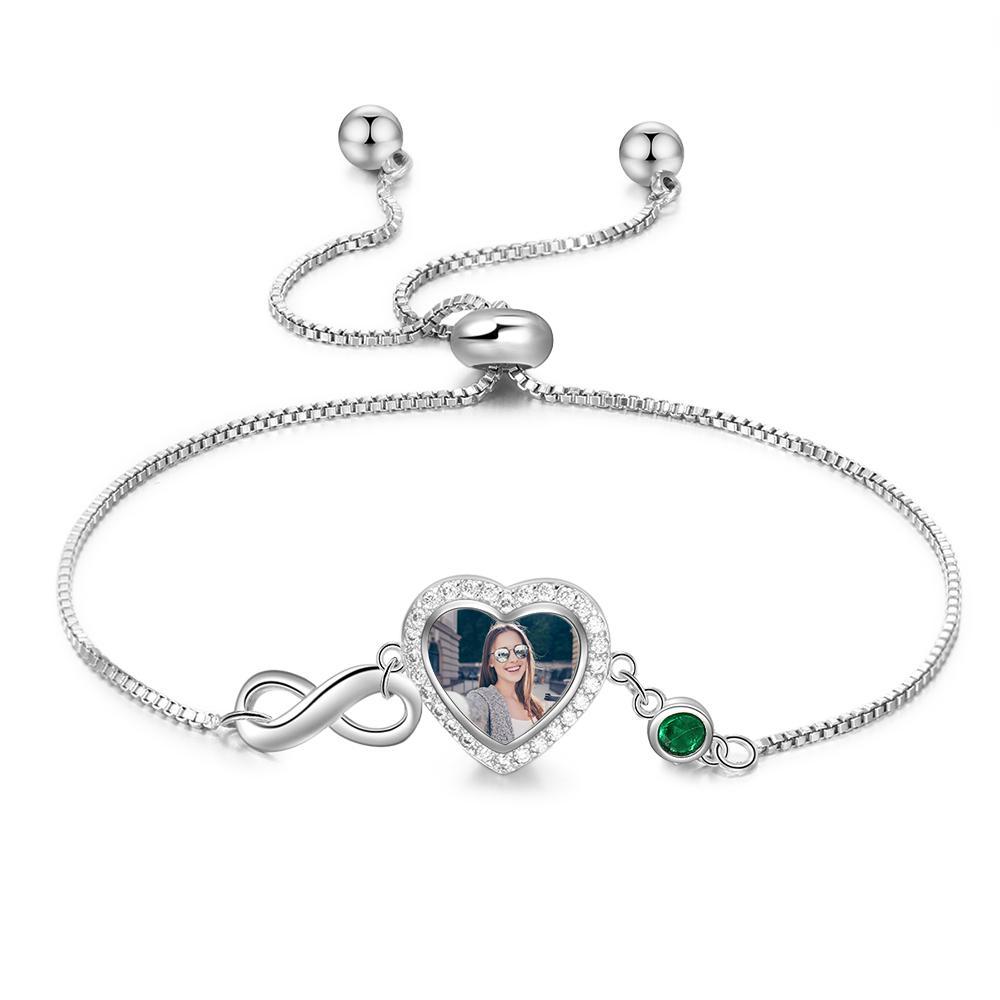 Infinity Love Heart Photo Bracelet with Birthstone Personalised with Engraving