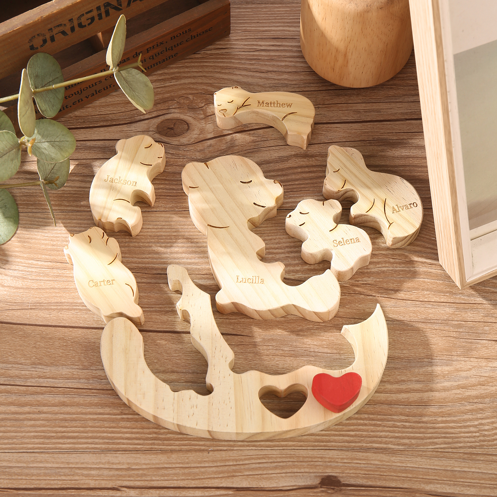 Personalised Wooden Bear Family Puzzles Custom 6 Names Animal Heart Ornaments Fathers Day Gifts-Jessemade AU