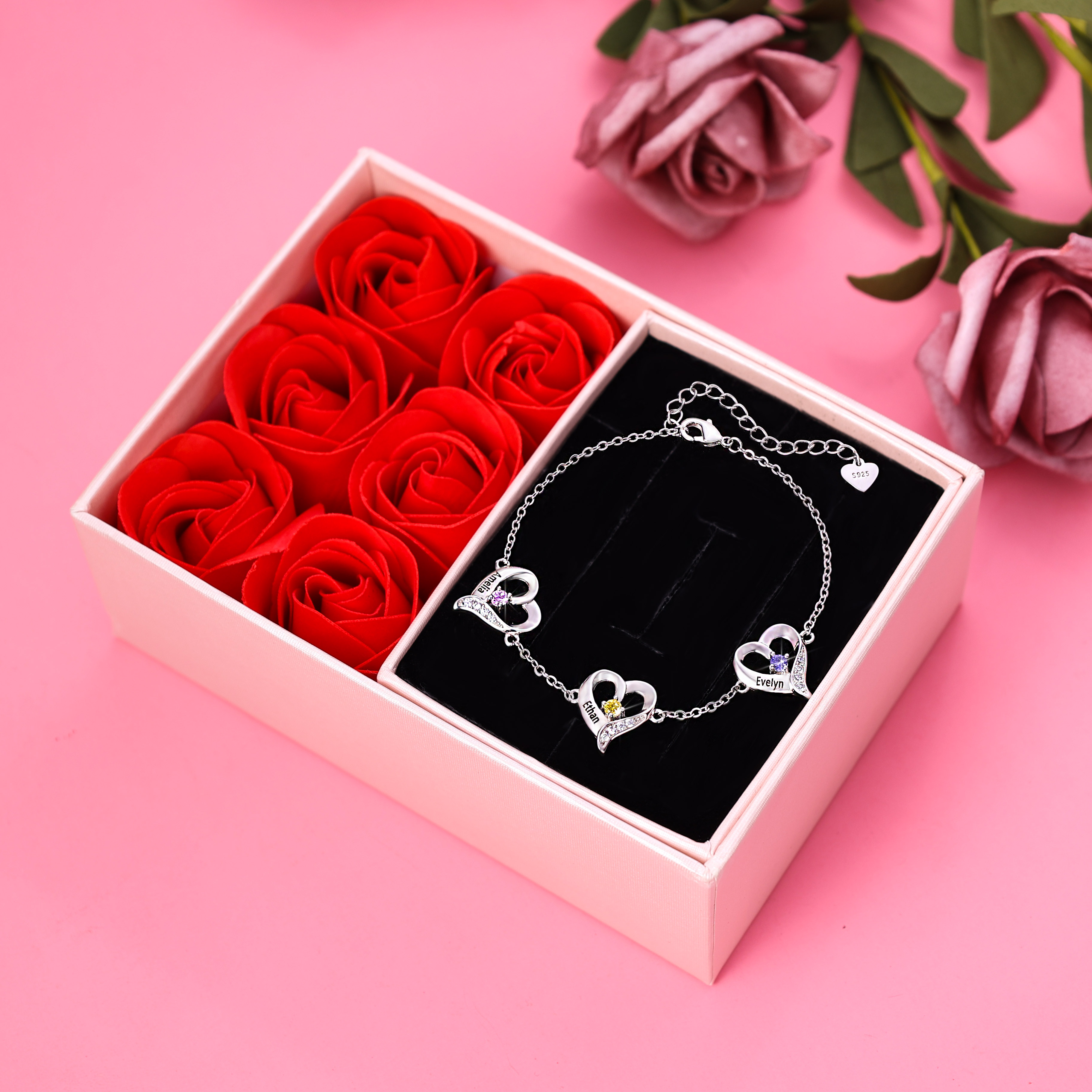 3 Names - Personalised Heart Bracelet Gift Set With Gift Box Custom Name & Birthstone Bracelet Gift For Her-Jessemade AU