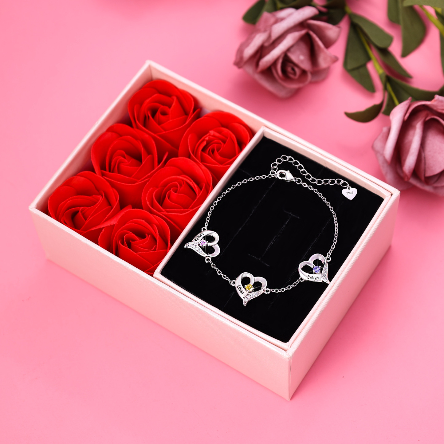 3 Names - Personalised Heart Bracelet Gift Set With Gift Box Custom Name & Birthstone Bracelet Gift For Her-Jessemade AU