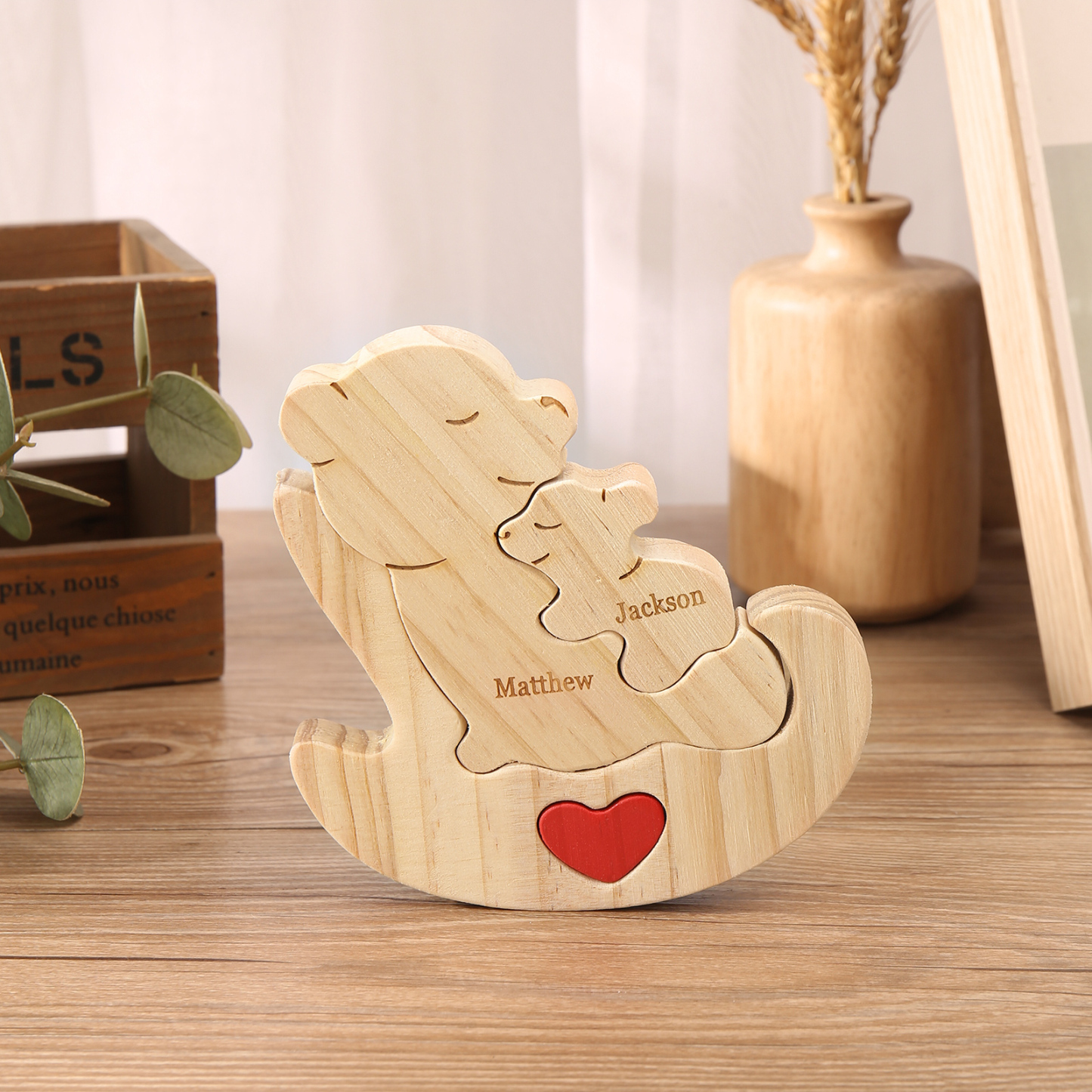 Personalised Wooden Bear Family Puzzles Custom 2 Names Animal Heart Ornaments Fathers Day Gifts-Jessemade AU