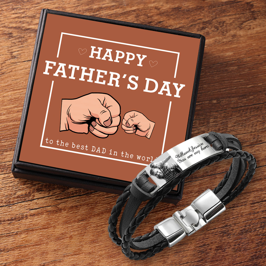 Personalised Braided Leather Bracelet Custom 1 Photo & 2 Texts Fathers Day Gift for Dad-Jessemade AU