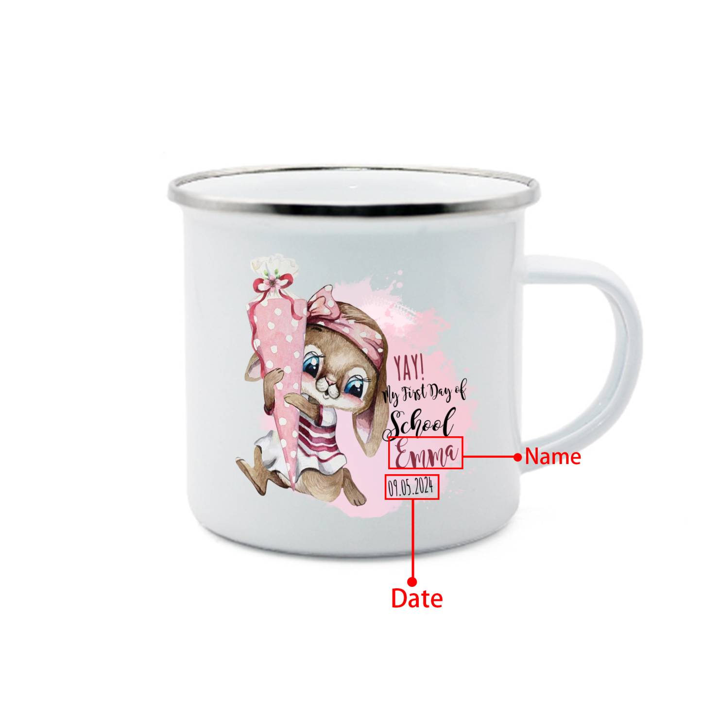 Personalised Enamel Mug Custom Name & Date Bunny Cup Back to School Gift for Daughter  - Yay, My First Day Of School-Jessemade AU