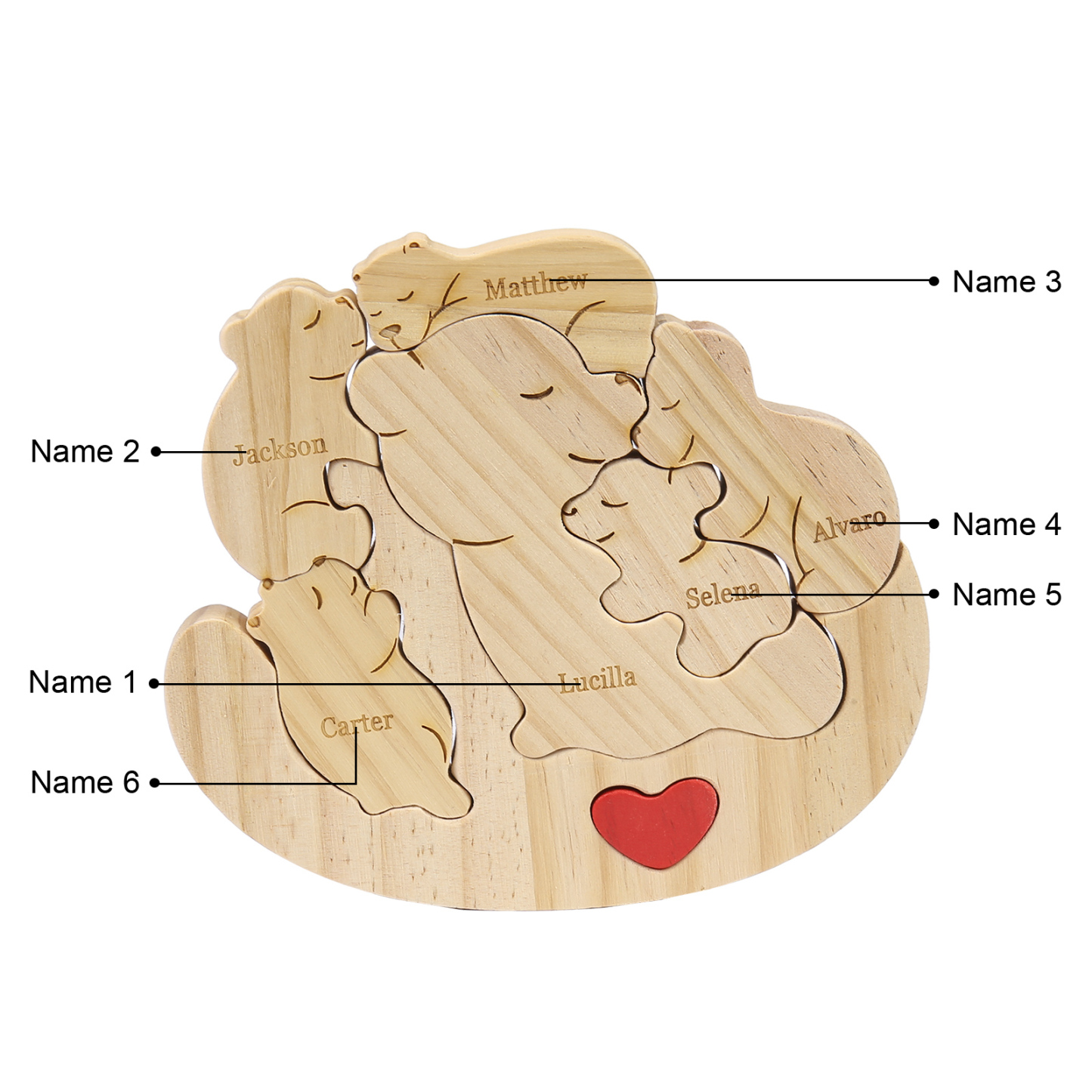 Personalised Wooden Bear Family Puzzles Custom 6 Names Animal Heart Ornaments Fathers Day Gifts-Jessemade AU
