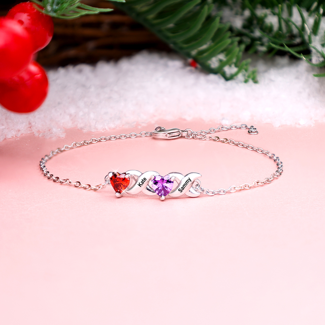 Custom Heart Birthstone Jewelry Set Necklace Bracelet for Family Personalised with 2 Names 2 Birthstones-Jessemade AU