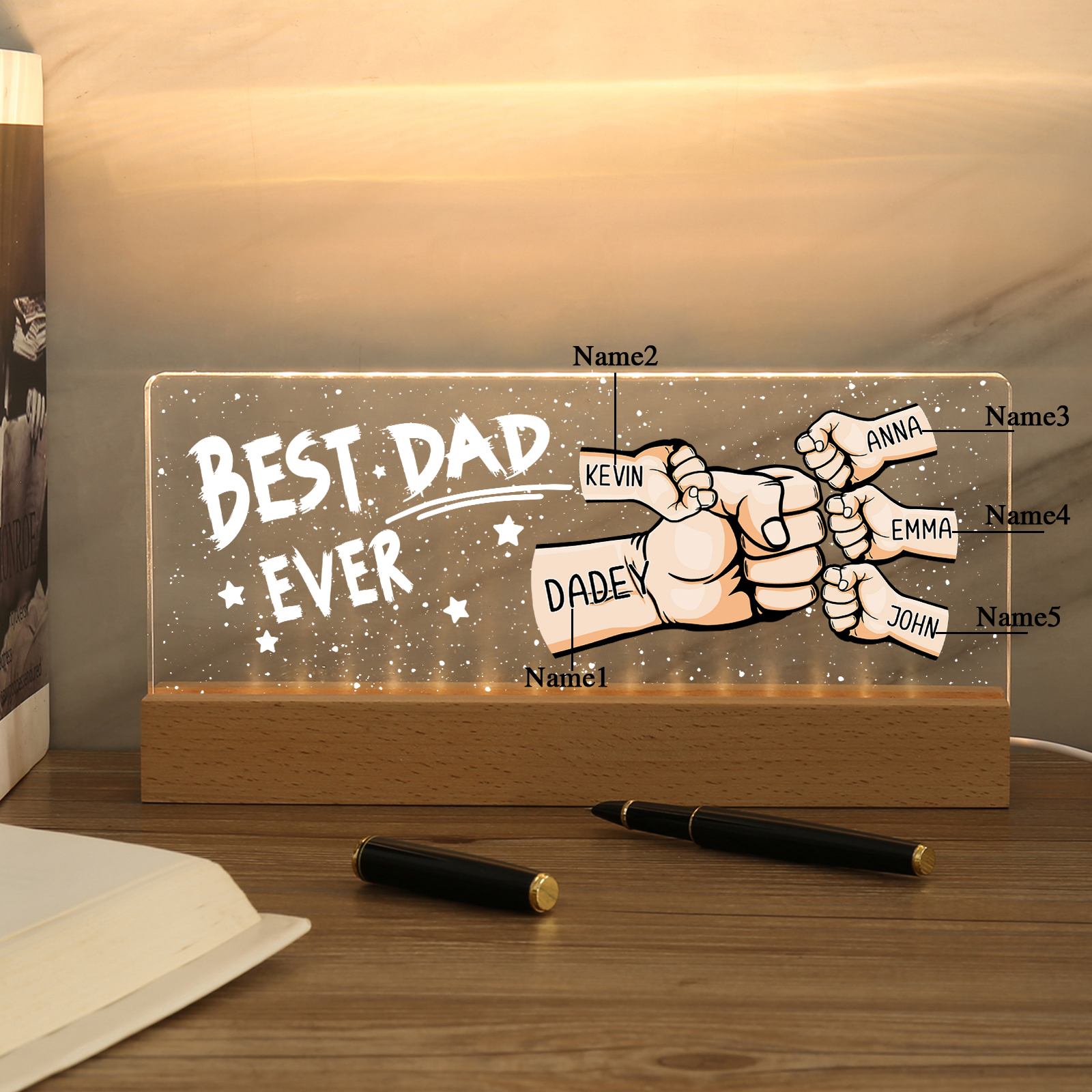 Best Dad Ever - Personalised 5 Names Acrylic Night Light Custom Fist Bump LED Lamp Fathers Day Gifts