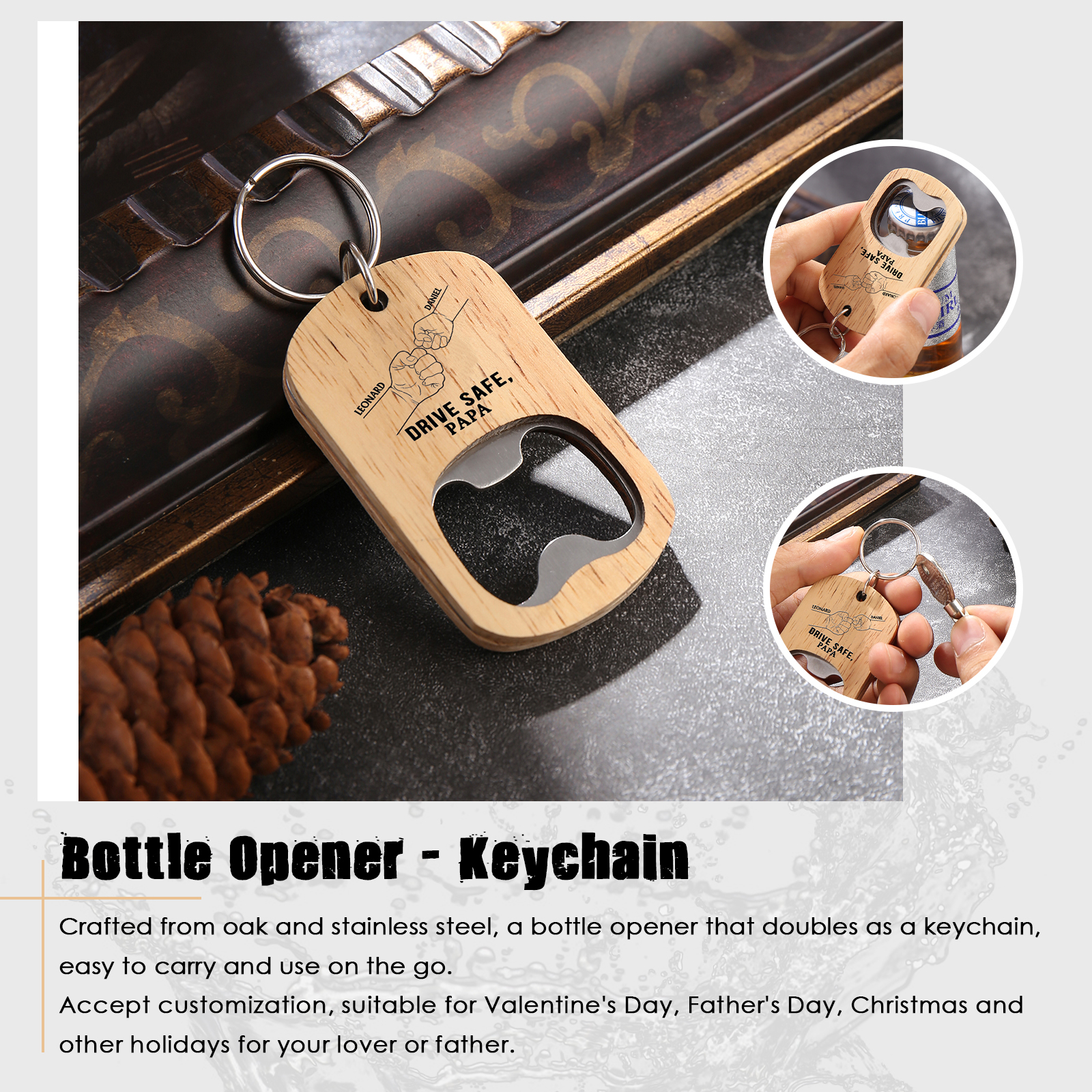 Drive Safe - Personalised 1 Text & 2 Names Bottle Opener Keychain Fist Bump Keychain Fathers Day Gifts for Dad/Grandpa-Jessemade AU
